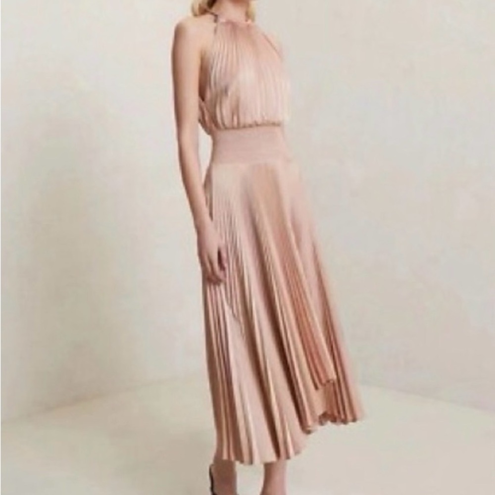 ALC Rose Gold Pleated Midi Halter Dress